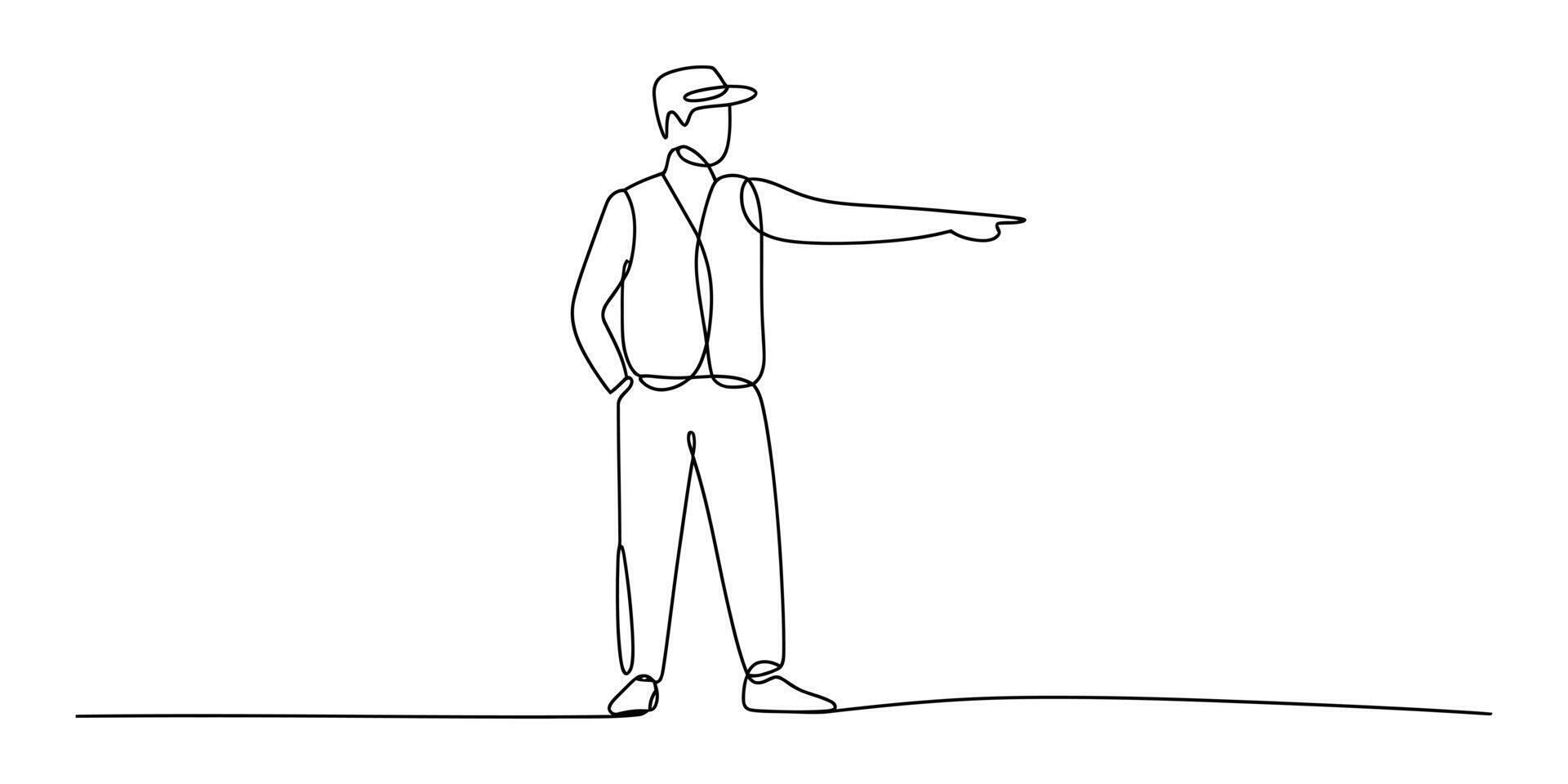 Man in cap and vest pointing direction in continuous line art vector