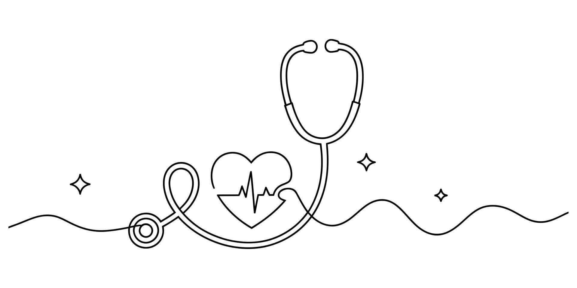 Stethoscope with heart and ecg line, continuous single line art. vector