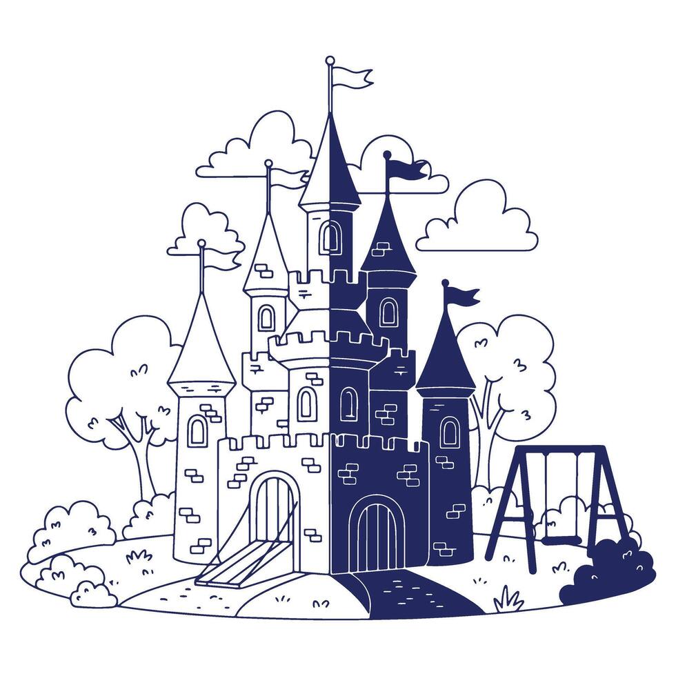 Fantasy Castle Illustration with Trees Clouds and a Swing Set in Cartoon Style Half Color Half Outline vector