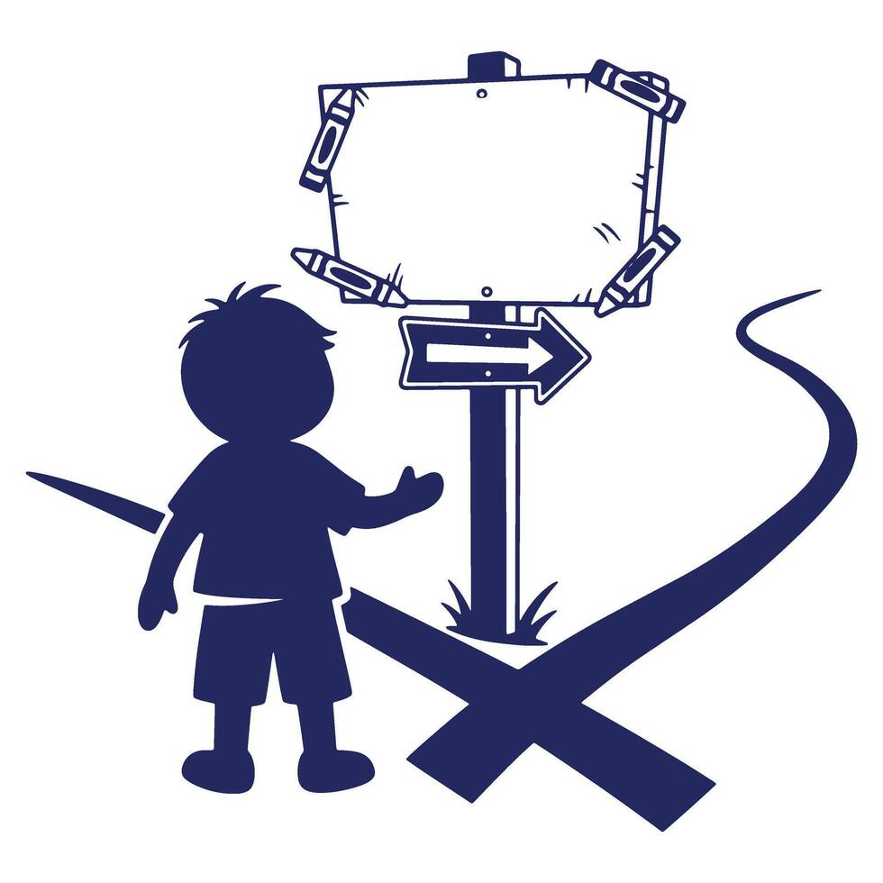 Young Child at Crossroads Deciding on Future Path with a Colorful Signpost of Possibilities and Endless Opportunities vector