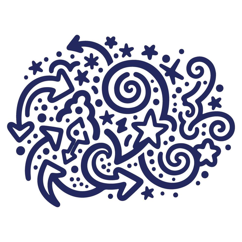 Whimsical Doodle Pattern with Arrows Stars and Swirls in Dark Blue Color on White Background Design Element vector