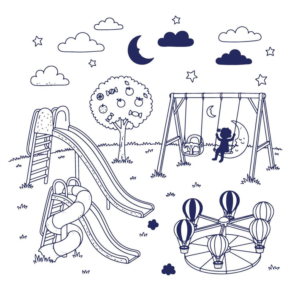 Whimsical Playground Scene with Swings Slides and a Merry Go Round under a Starry Sky vector