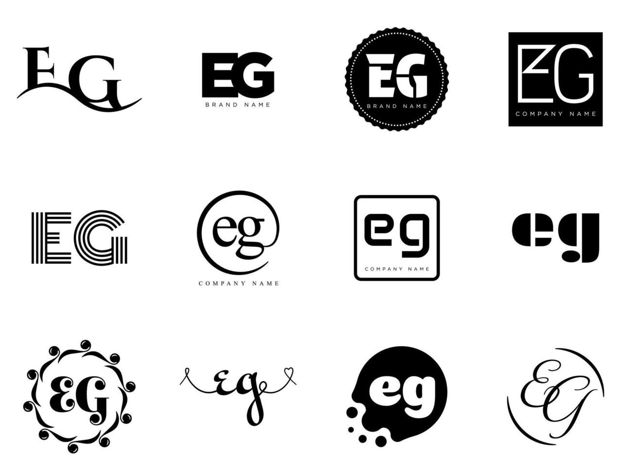 EG logo template. Letter e and g logotype. Set different classic serif lettering and modern bold text with design elements. Initial font typography. vector