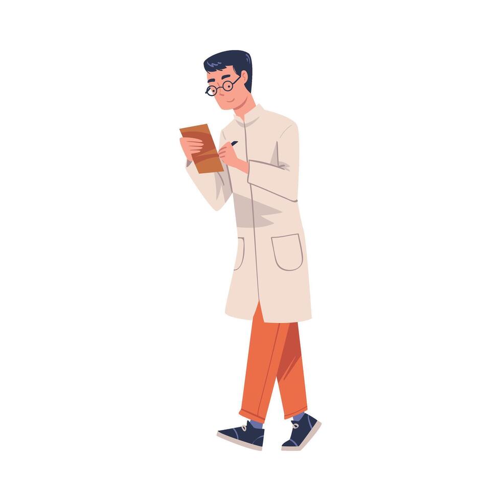 Man Scientist Character in White Coat Walking with Clipboard Illustration vector