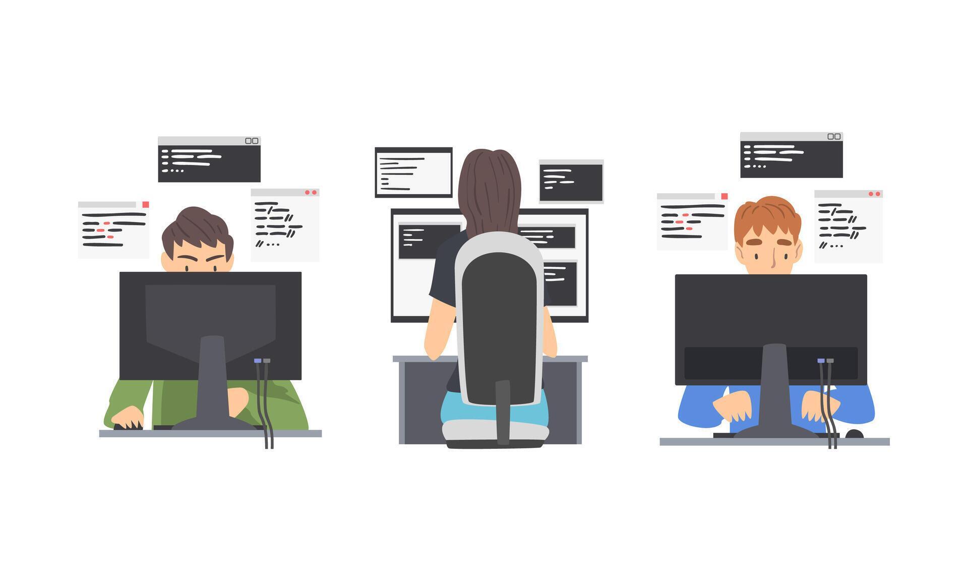 Too Many Programmers Cartoon Programmers working on computers set. Software developers writing ...