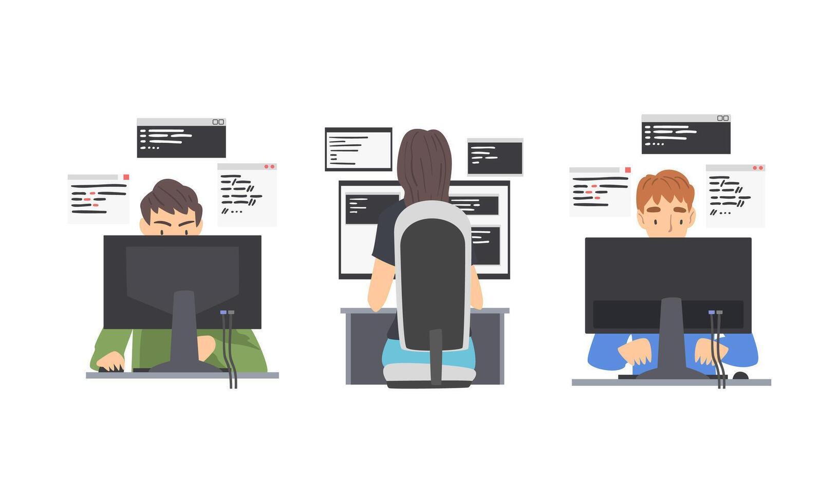 programadores trabajando en ordenadores colocar. software desarrolladores escritura computadora programas dibujos animados ilustración vector