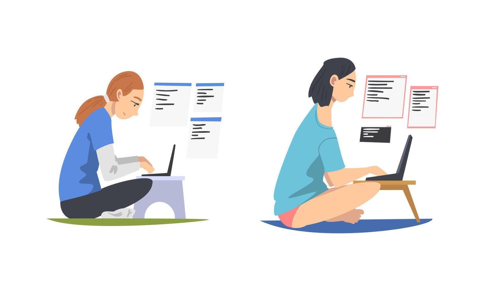 Female programmers working on computers writing computer software cartoon illustration vector