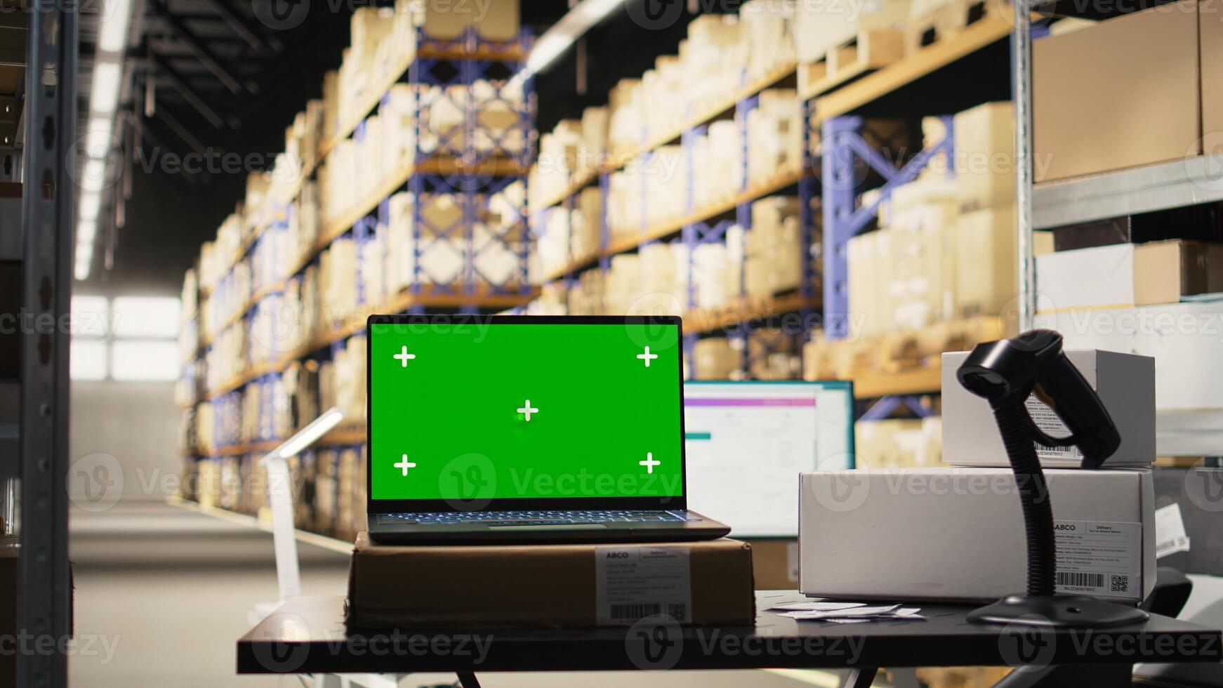 Fulfillment center with chroma key on laptop handling delivery service, order processing with a scanner and computer at the desk. Large business activity with reliable logistics and packaging. photo