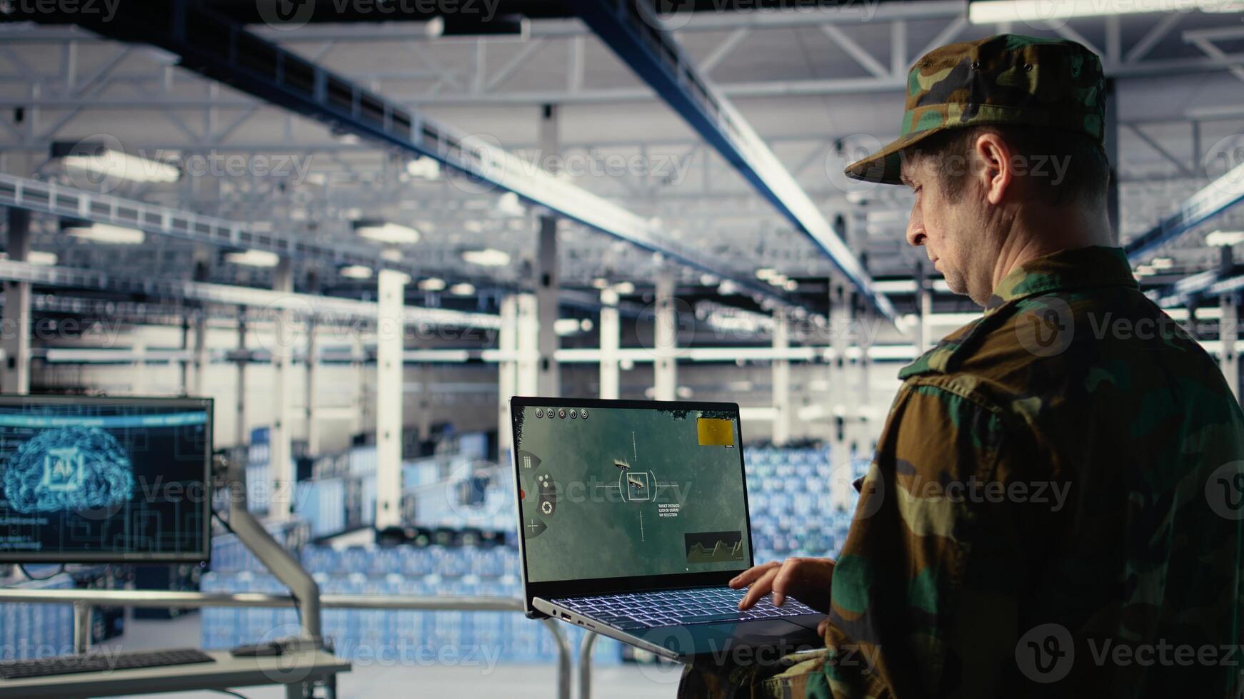 Army specialist in data center integrating AI into radar systems for missile tracking. Military soldier in server room analyzing aerial movement through artificial intelligence systems, camera A photo