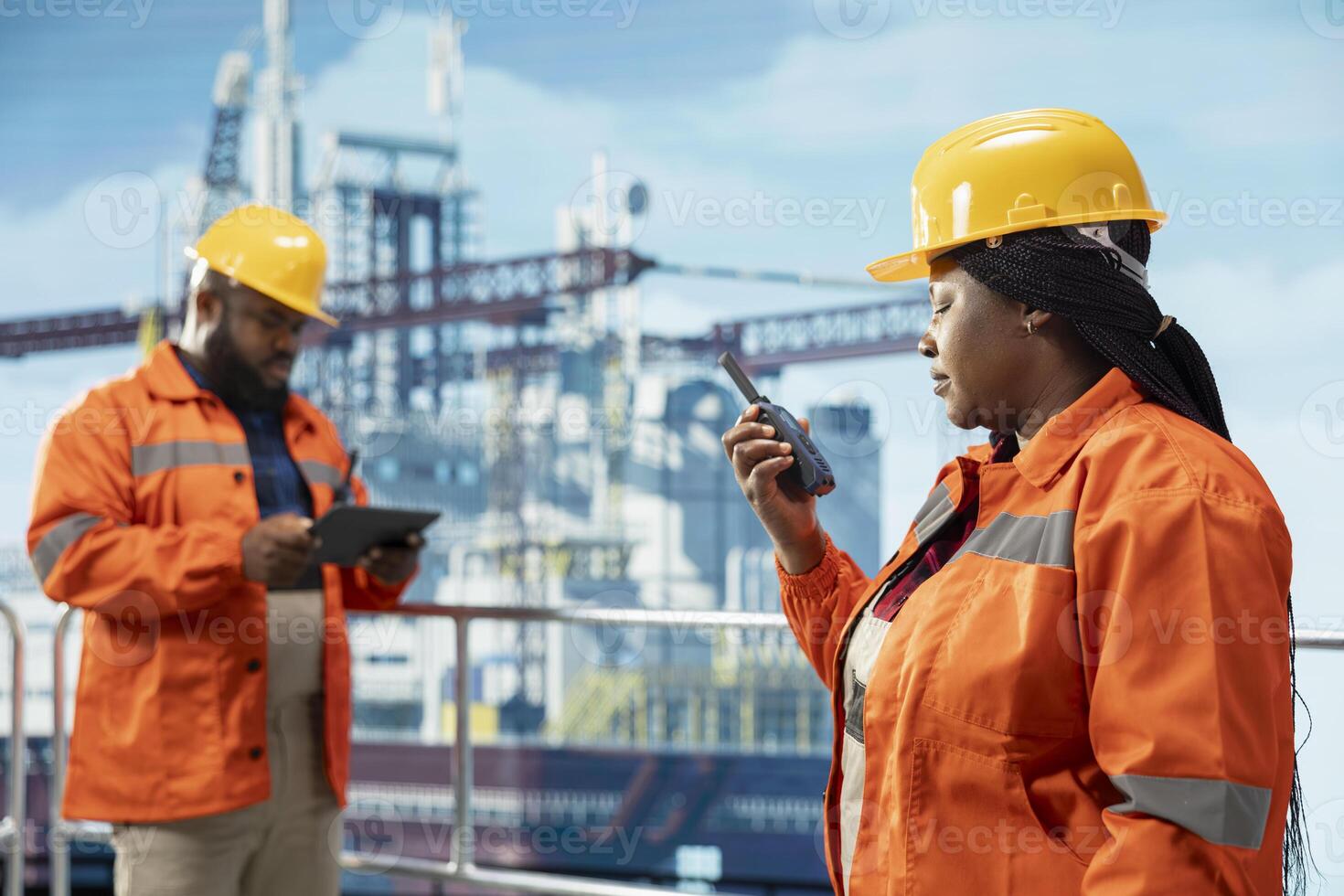 Drilling rig technicians speak in walkie talkie, doing quick response coordination, working in dangerous conditions. Teamworking colleagues listen to status report through handheld radio transceiver photo