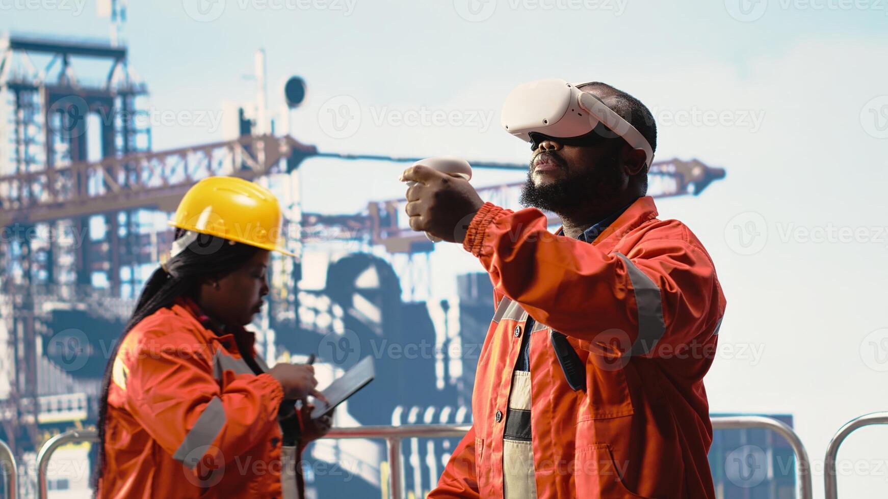 Offshore rig worker supervising deck operations using virtual reality simulation, ensuring compliance with safety protocols. Engineer doing checkup on drilling rig with VR goggles photo