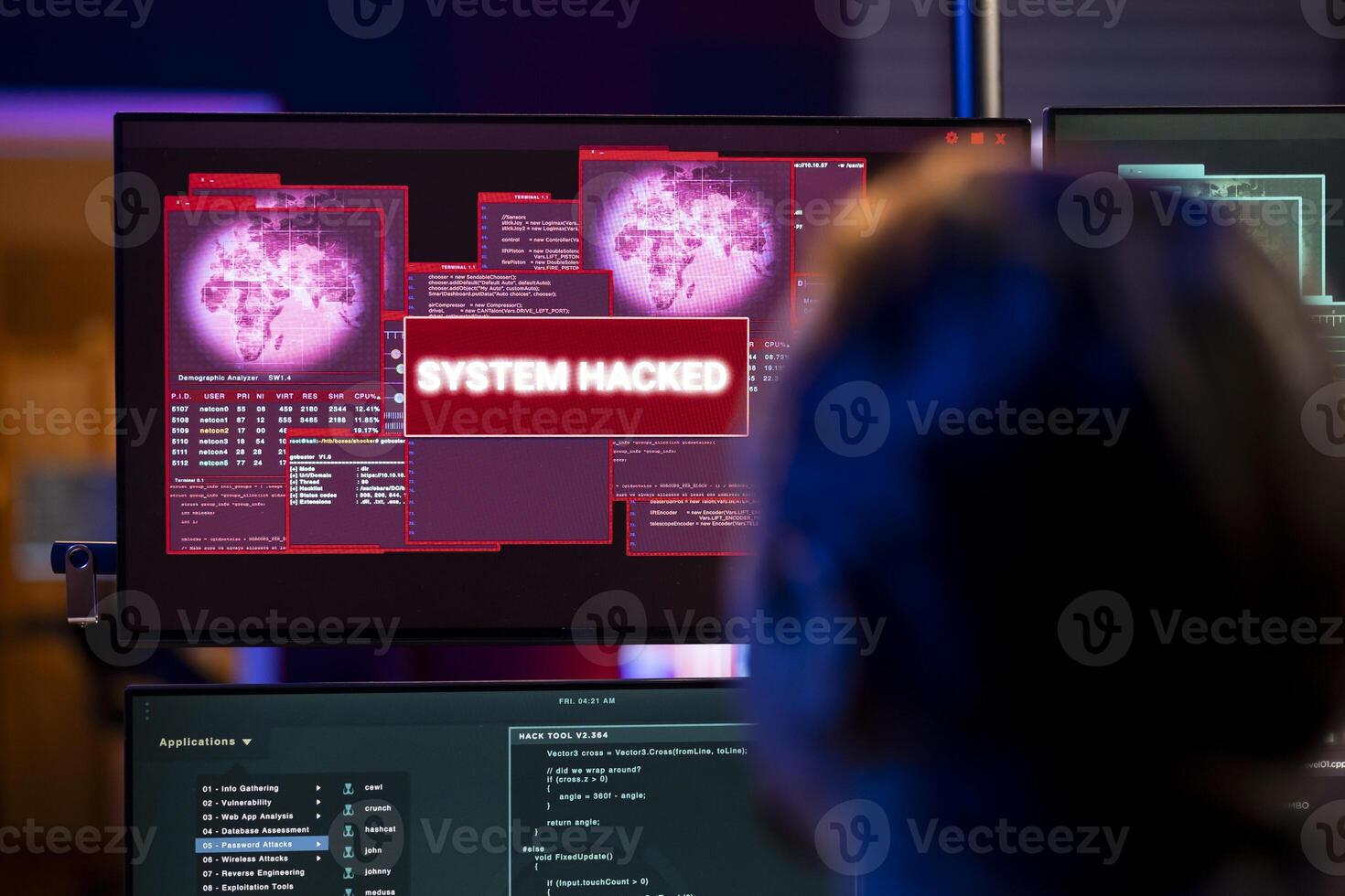 Close up of hacker looking at system hacked popup on screen after using AI malware software. Rogue programmer in underground hideout trying to hide online activity after stealing data photo