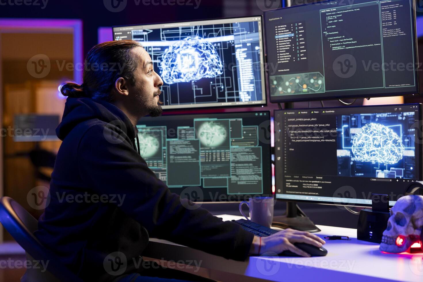 Cybersecurity guru using AI technology to break into secure computer systems and bypass security. Rogue technician in dark tech ambiance uses deep learning to attack weak spots in company networks photo