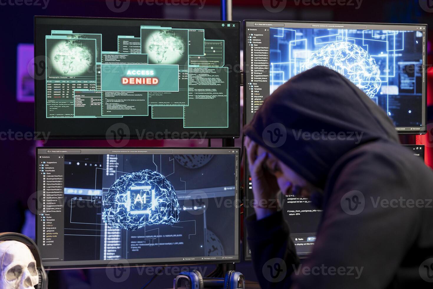 Dejected hacker upset after getting access denied message on PC when trying to steal sensitive information. Rogue programmer sad after failing to exploit system flaws using artificial intelligence photo