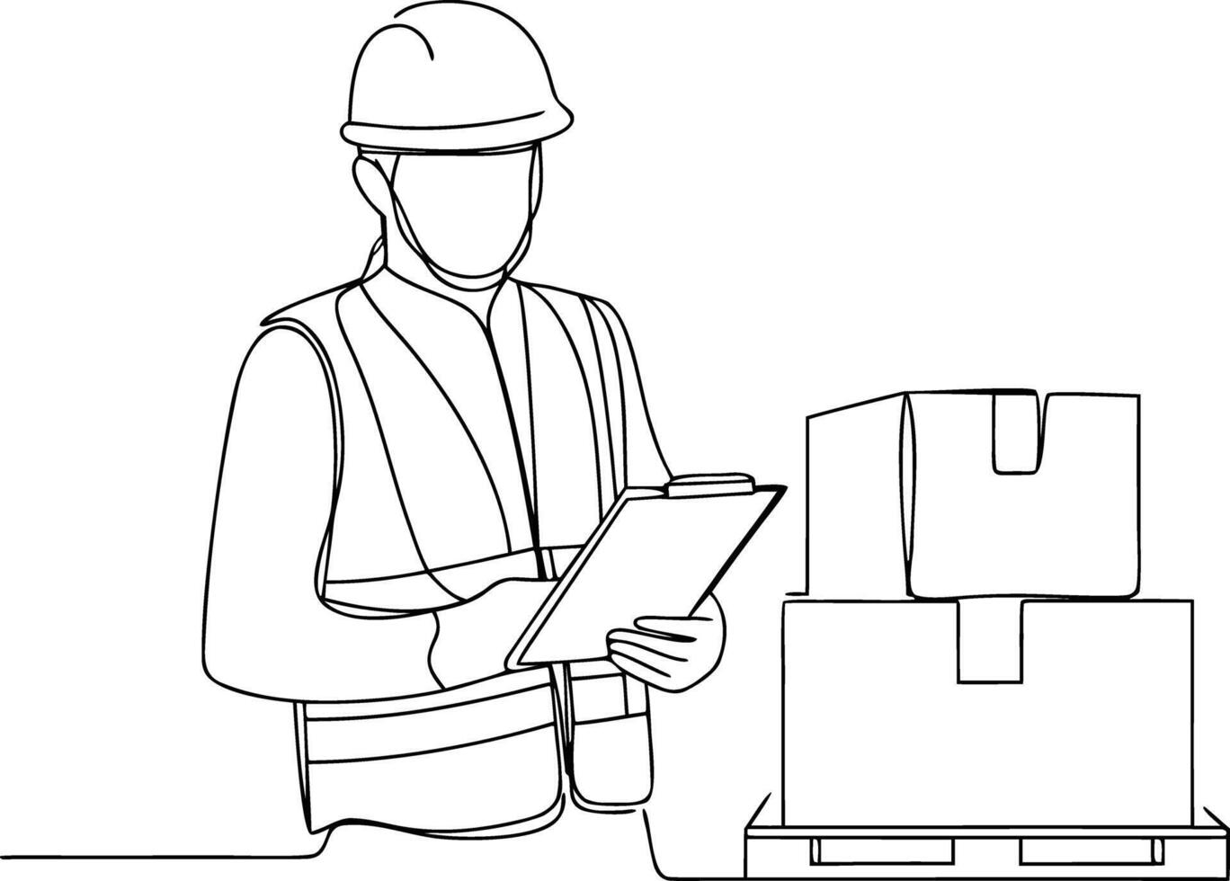 Warehouse worker with clipboard and stacked boxes on pallet vector