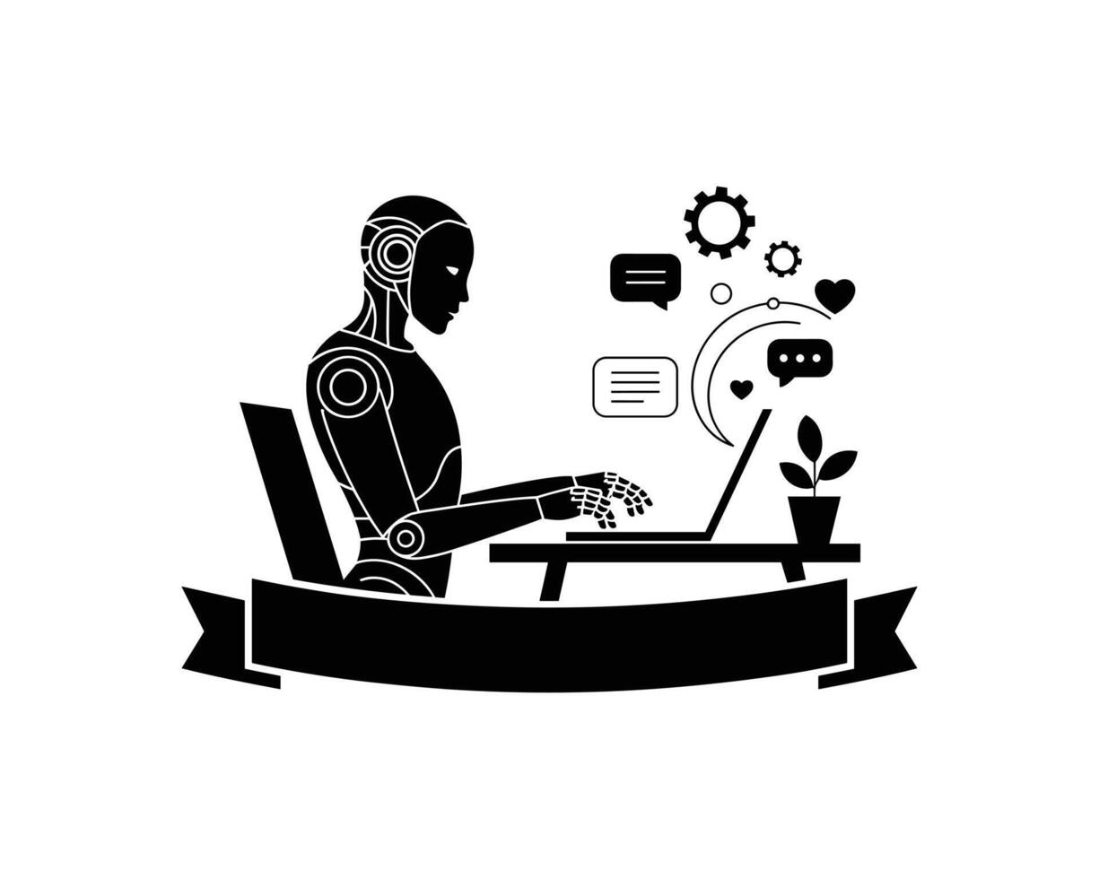 Black robot typing on laptop with tech icons and ribbon vector