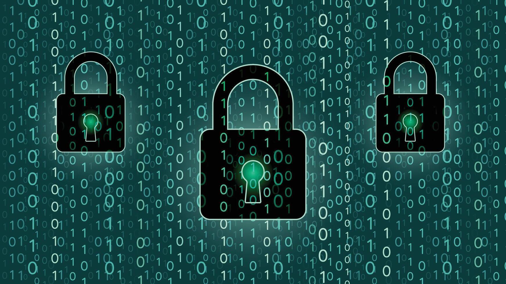 Cyber security background featuring glowing padlocks over flowing binary code. Ideal for data protection themes hacking prevention digital safety concepts technology visuals and secure system designs. vector