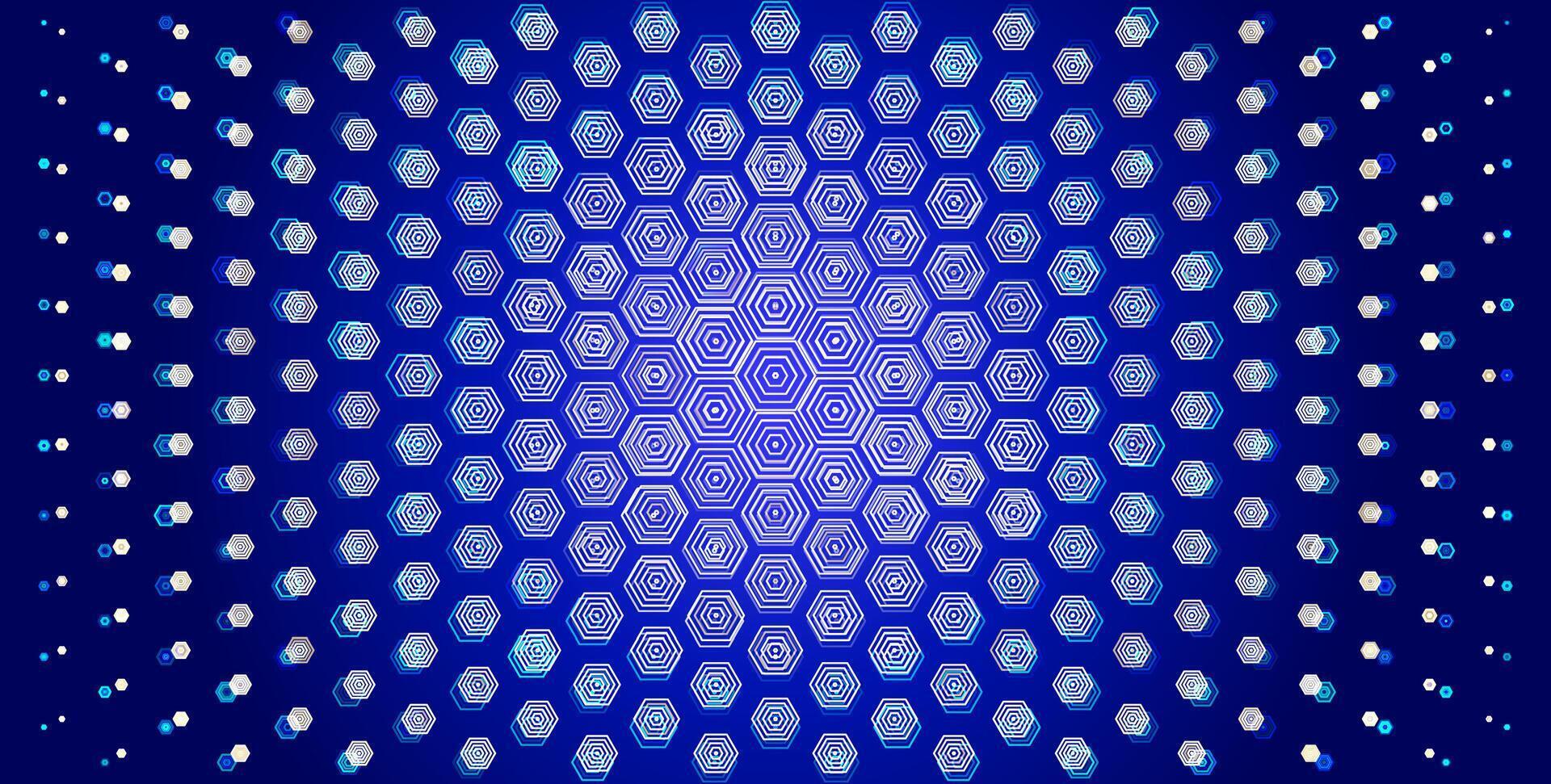 Hexagon blue motion glow depth background, geometric tech pattern, radial tunnel effect, glowing concentric honeycombs for technology, sport, science, medicine. Hexagonal pattern backdrop. BG vector