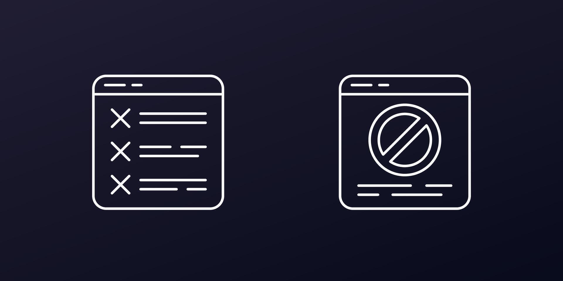 blocked website line icons, blocking web pages, vector