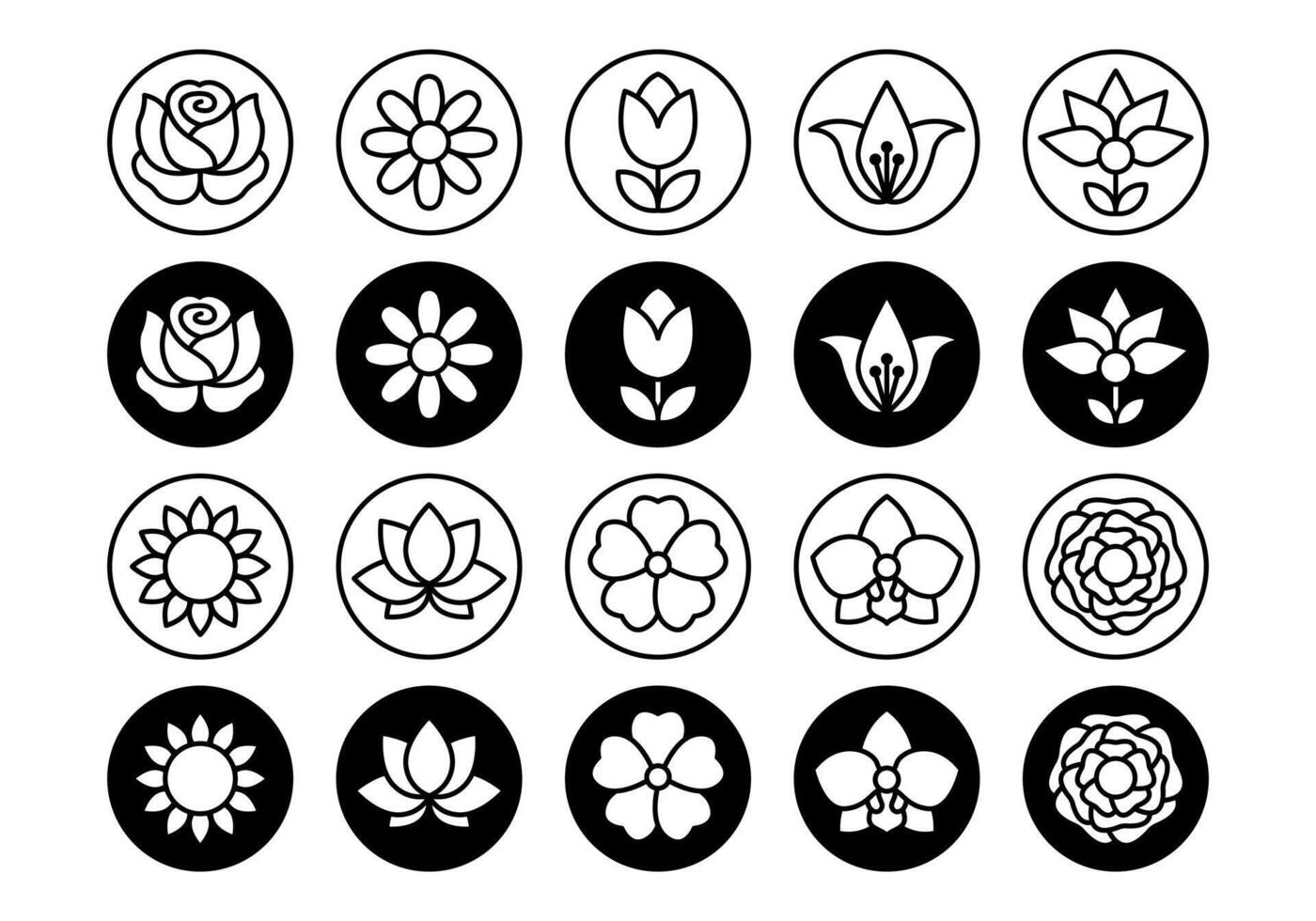 Minimalist Floral Emblem Icon Bundle with Line Art and Solid Bloom Styles for Various Projects vector