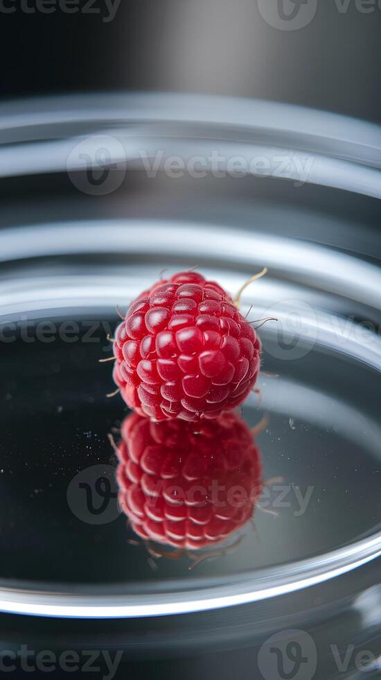 Lone red raspberry centered on transparent glass with perfect reflection below, dark gradient background enhancing symmetry and detail. Premium fruit branding, underscoring pristine form, reflective photo