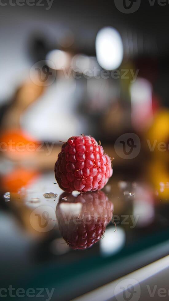 Single ripe raspberry with textured drupelets and water droplets on reflective counter, blurred kitchen elements in background adding depth. Macro natural juiciness, ideal healthy eating campaigns photo