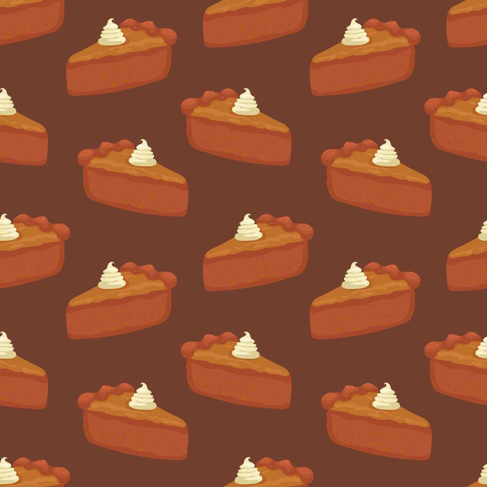 Seamless pattern of pumpkin pie slices with whipped cream on top on a brown background. vector