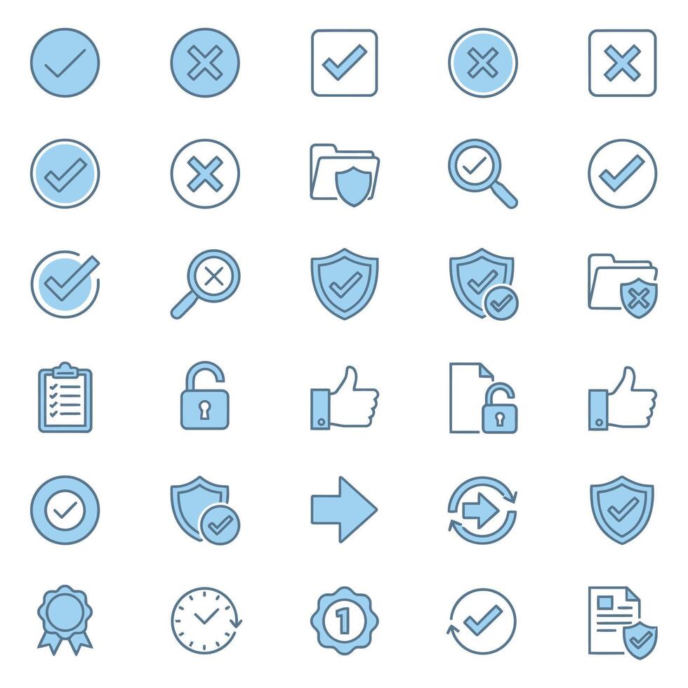 Professional modern icons for business approval security and success, featuring checkmarks, shields, locks, and badges for digital and print applications. vector