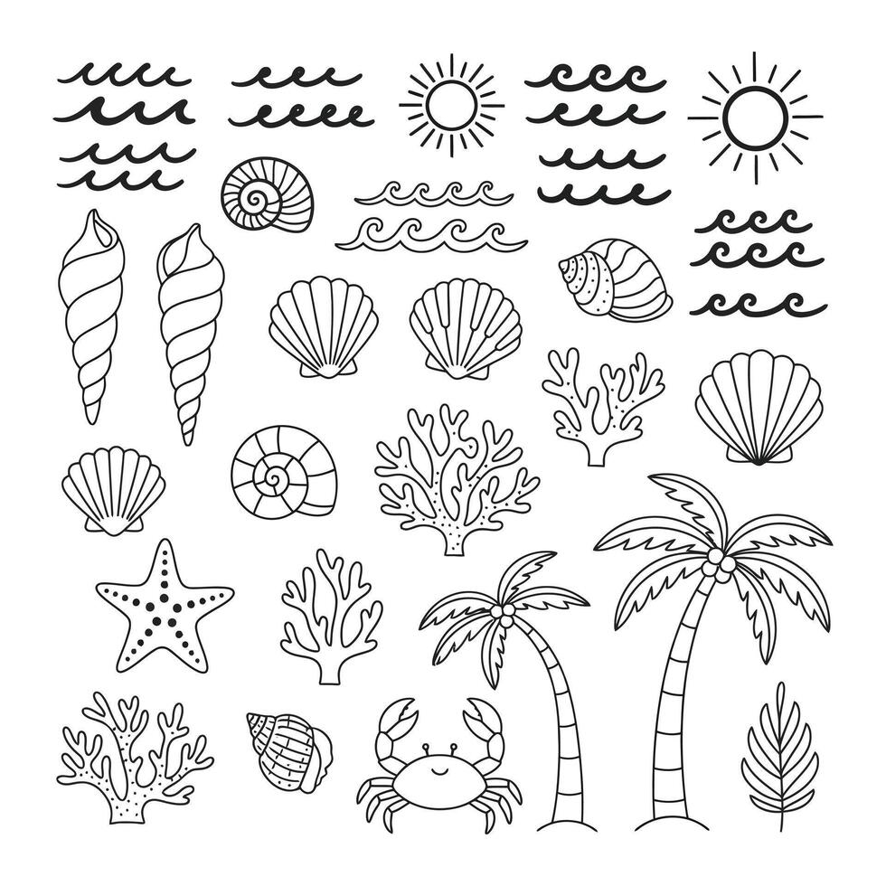 Create stunning summer designs with this awesome ocean doodle collection featuring shells, waves, palm trees, and cute sea creatures for your projects vector