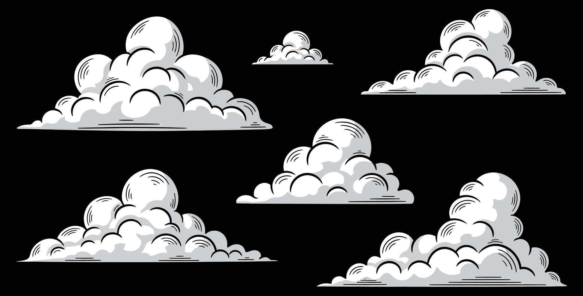 Dramatic monochrome clouds with bold outlines and hatching details create a striking visual for atmospheric design and sky-themed projects vector