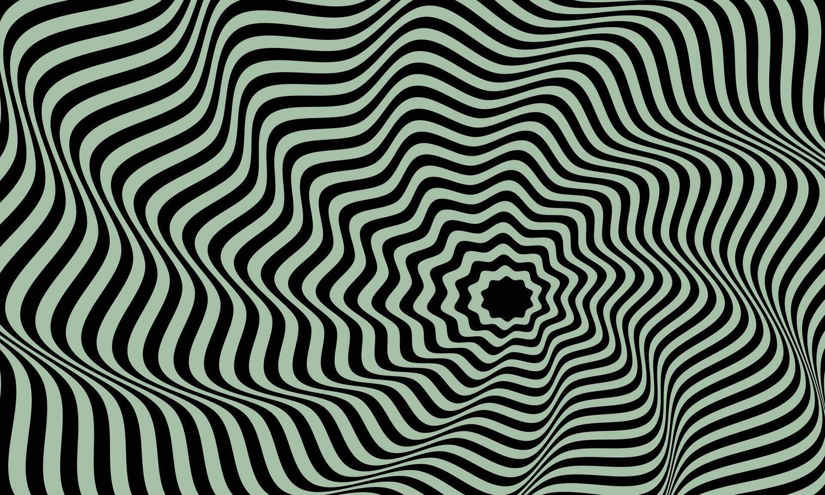 Hypnotic black and white optical illusion pattern with wavy lines and starburst effect vector