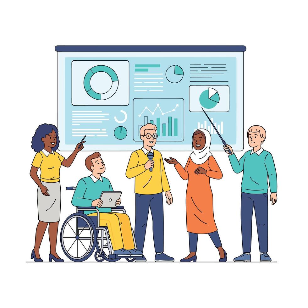 A diverse group of professionals presenting data and charts on a screen, emphasizing inclusion, teamwork, and collaborative business strategies isolated on vector