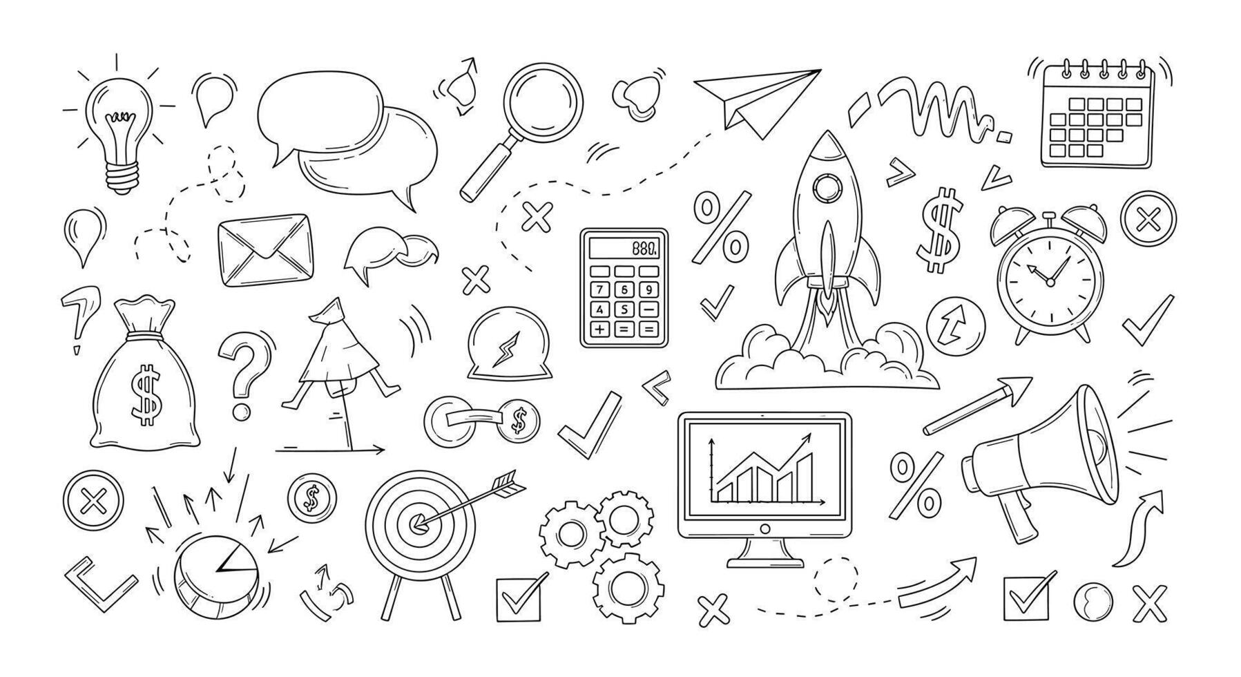 A dynamic array of business and strategy doodles, isolated on, illustrating key concepts and tools for planning, growth, and success in monochrome vector