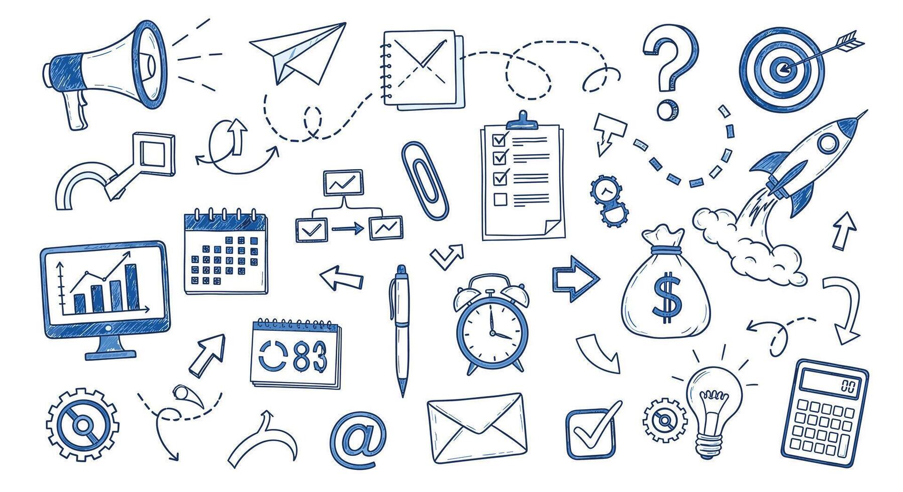 A vibrant array of business and planning doodles, isolated on, showcasing a dynamic mix of concepts and strategies for success and growth vector