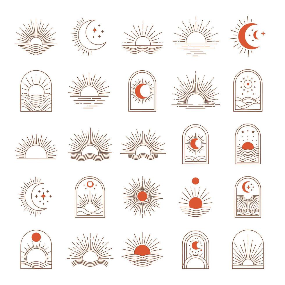 A collection of sun and moon illustrations isolated on, featuring various celestial designs with radiating lines and minimalist aesthetics vector
