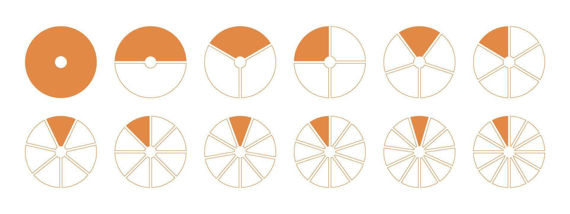 Donut charts, pies segmented on from 1 to 12 equal parts. Coaching blank template. Infographic diagrams. Orange wheels divided in sections. Circle section minimal graph. Pizza chart round icons mockup vector