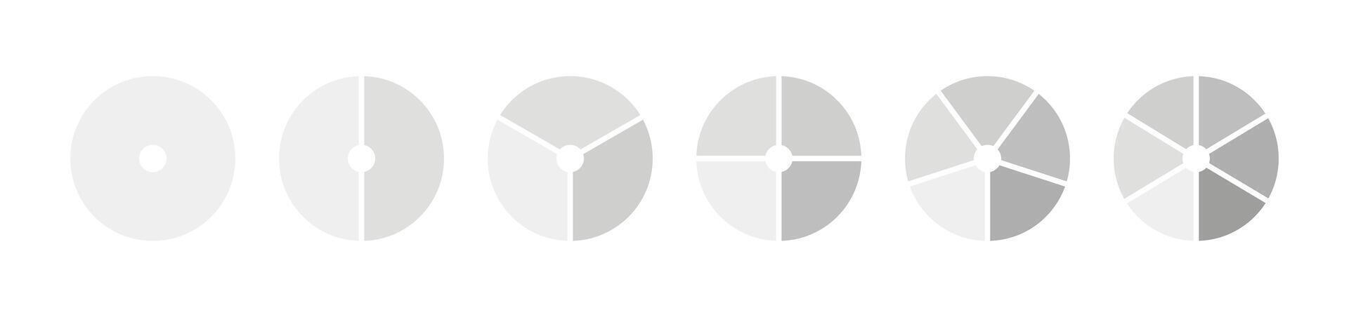 Monochrome diagram with 1, 2, 3, 4, 5, 6 equal sections, steps. Set of pie chart. Circle icons for UI, web design, business presentation, infographic, statistic, analytics. Graphic flat illustration. vector