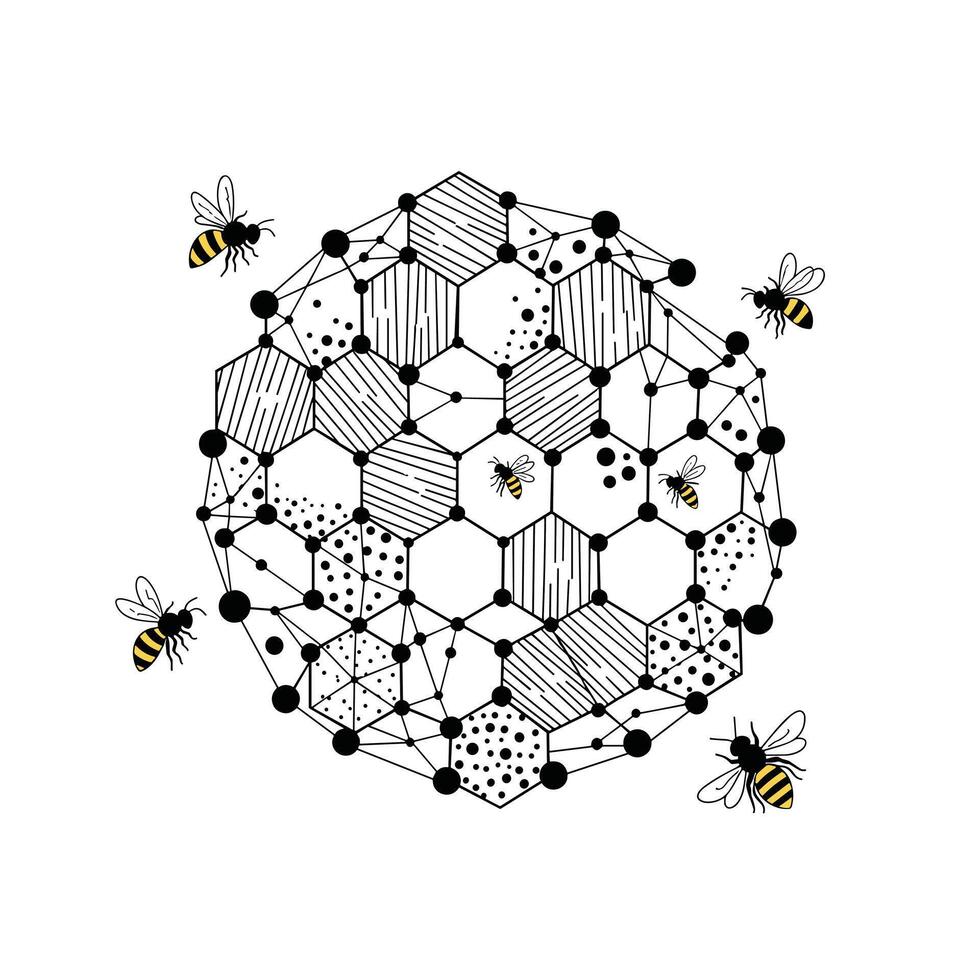 The intricate hexagonal geometric pattern of a beehive with stylized bees flying around it. vector