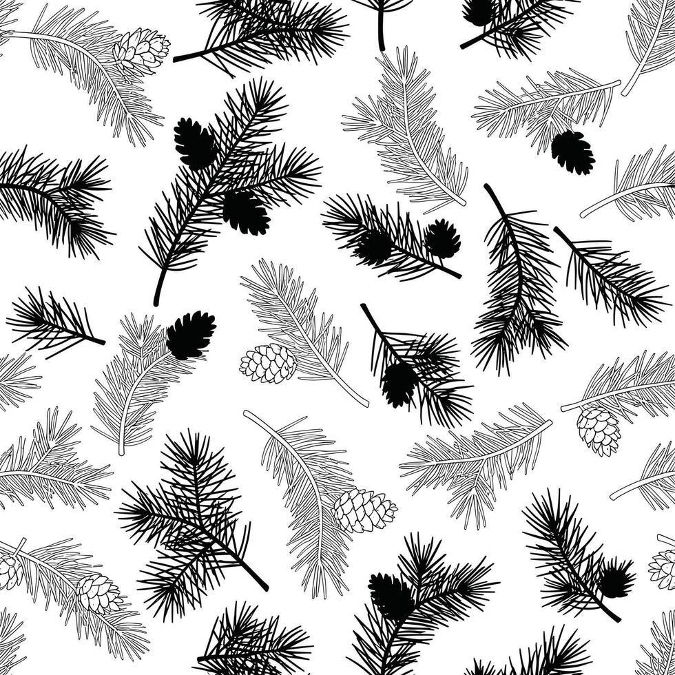 A textured pattern of pine branches with cones in a repeating design. vector