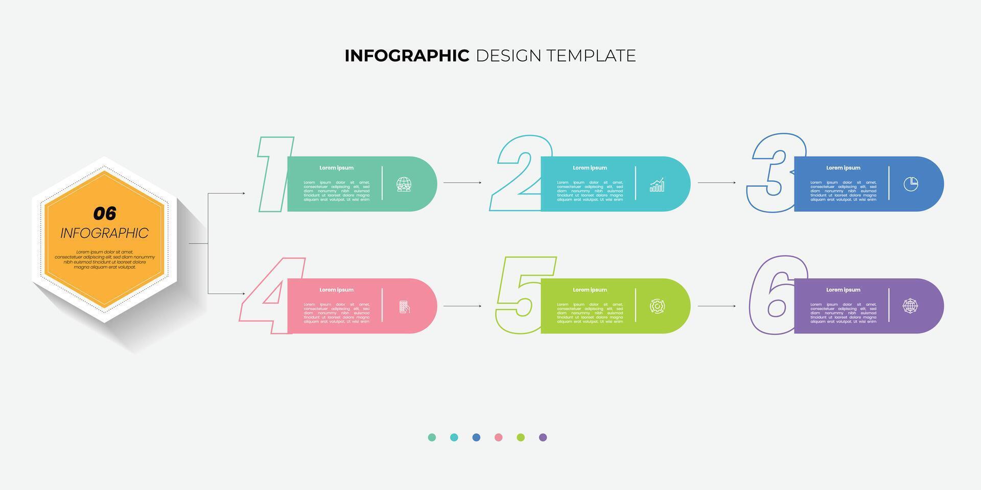 Modern Infographic template featuring 6 steps with icons, designed for business concepts. Ideal for presentations, banners, workflow layouts, process diagrams, flowcharts, diagram, circle vector