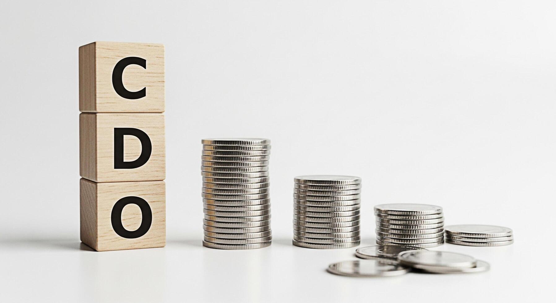 Decreasing stacks of coins next to wooden blocks spelling CDO on a white surface representing Collateralized Debt Obligation and financial risk in a minimalist clean studio setting photo