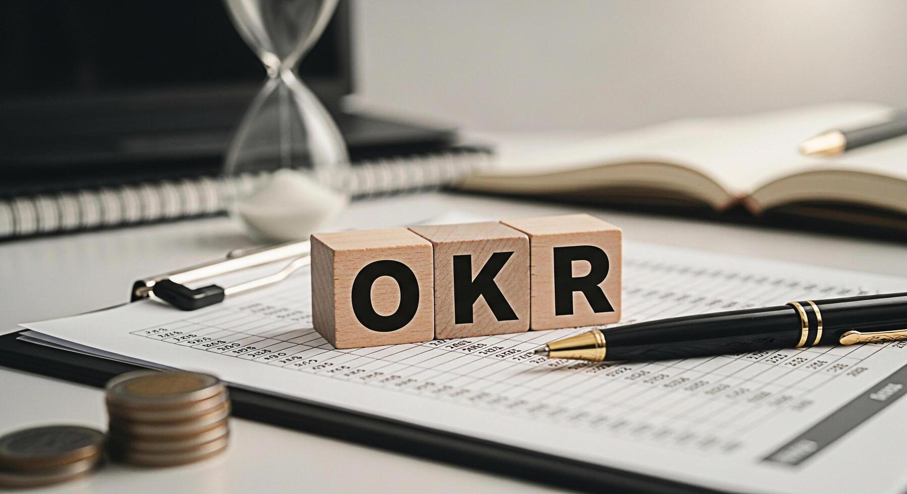 Wooden blocks displaying OKR on financial report in a bright office setting symbolizing objectives and key results for business strategy time management and goal achievement with a sense of focus and photo