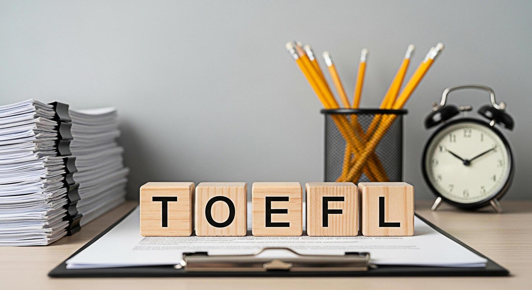 Wooden blocks spelling TOEFL on a clipboard in a study environment symbolizing preparation and focus for the English language proficiency test with a stack of papers pencils and a clock photo