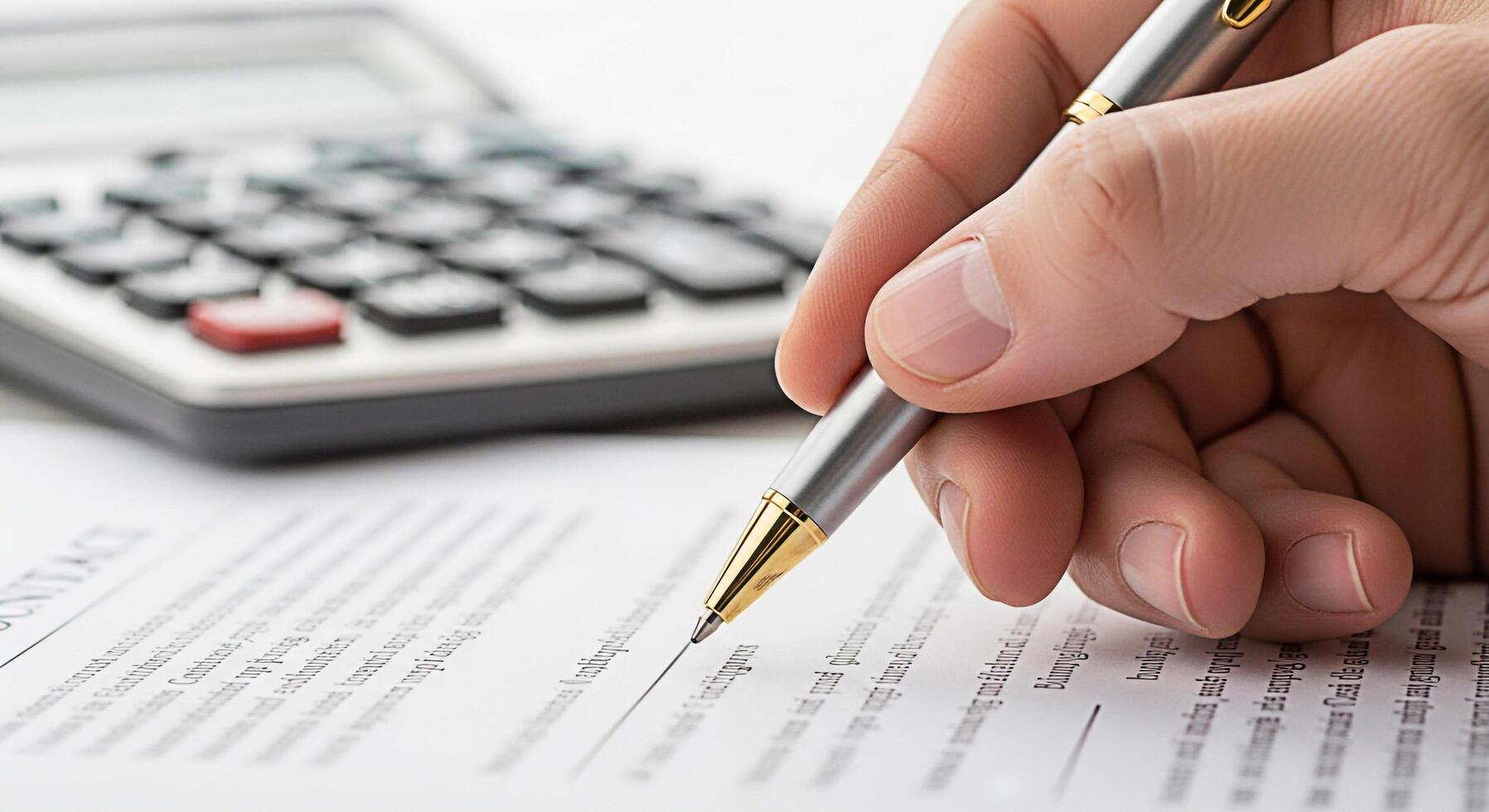 Closeup of a hand signing a contract on a white desk with a calculator in the background representing financial agreement and business commitment emphasizing precision and attention to detail photo
