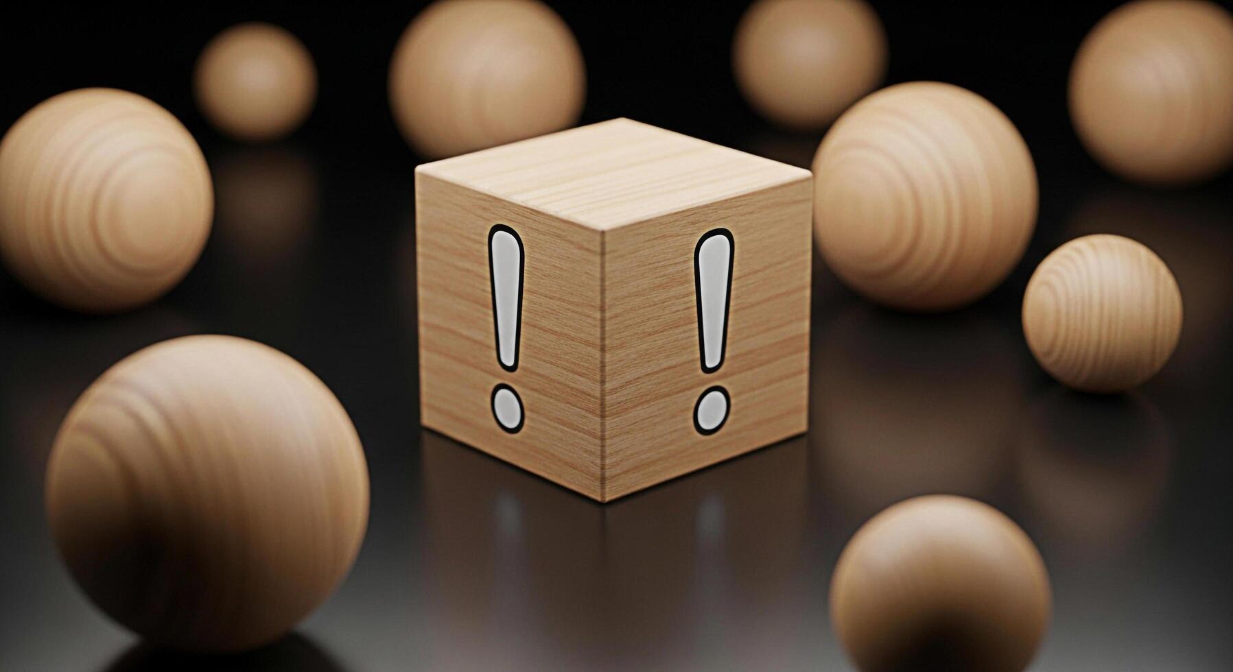 Wooden cube displaying exclamation marks standing out among wooden spheres on a dark surface symbolizing attention alert warning and the importance of standing out in a competitive environment photo