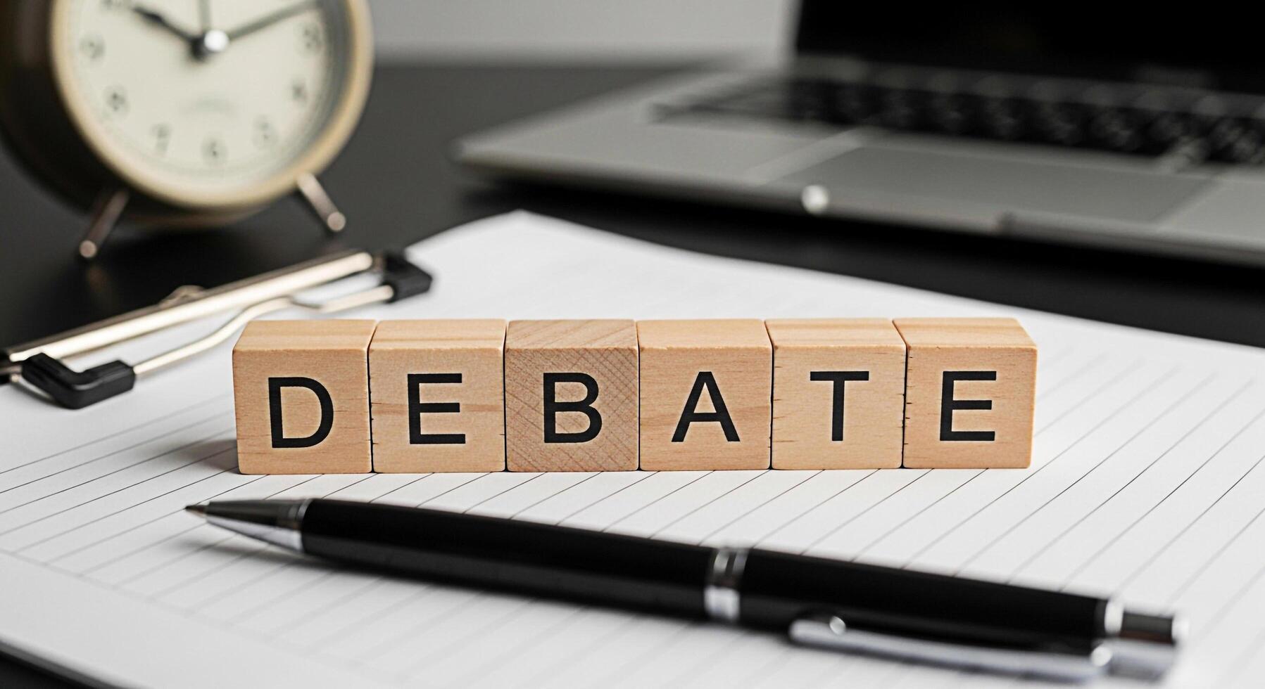 Wooden blocks spelling DEBATE on a lined paper in an office setting symbolizing critical thinking and discussion fostering intellectual exchange and informed decisionmaking in a professional environme photo