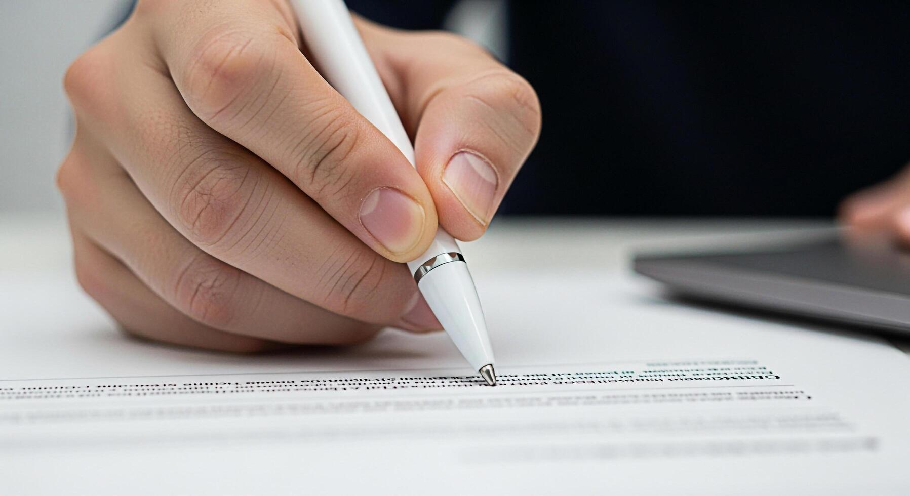 Closeup of a hand signing a document on a white desk with a pen symbolizing agreement and commitment in a professional setting conveying trust and reliability in business transactions photo