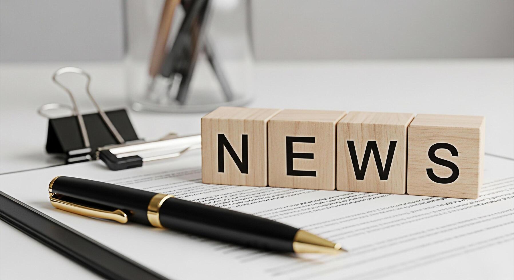 Wooden blocks spelling NEWS resting on a document with a pen in a bright office environment symbolizing current events information dissemination and the importance of staying informed in a modern worl photo
