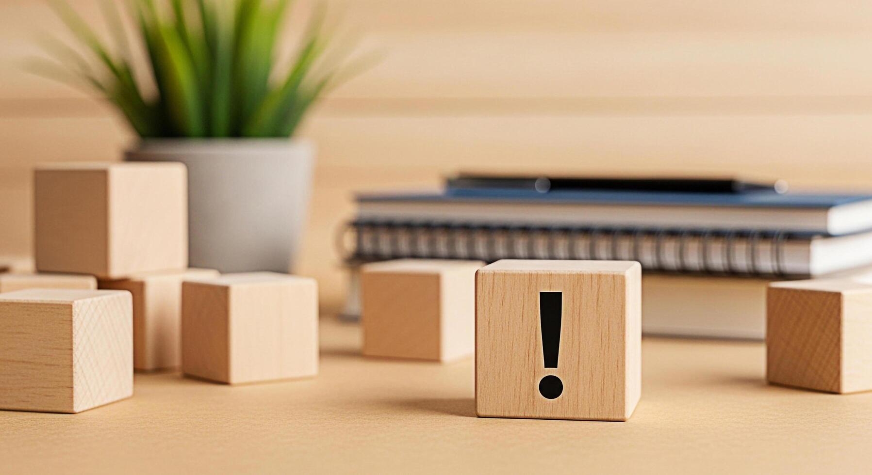 Wooden blocks displaying an exclamation mark on a desk with books and a plant symbolizing attention to detail and the importance of problemsolving in a calm and organized workspace environment photo