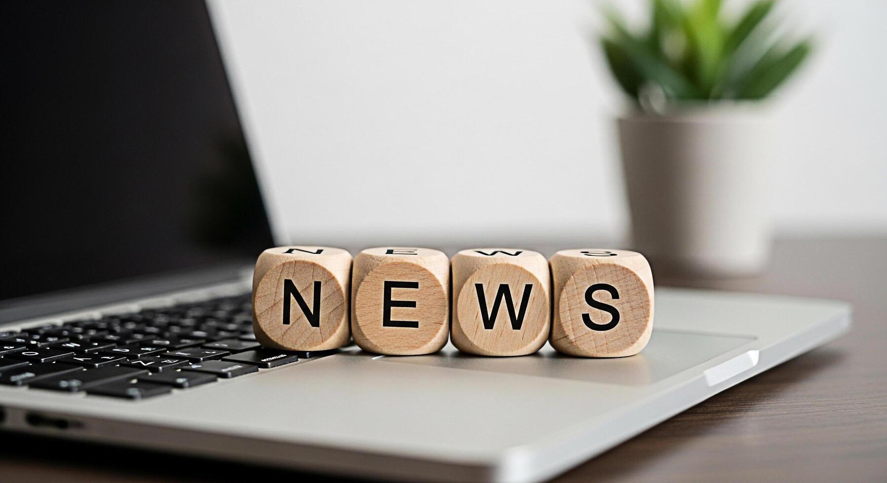 Wooden dice spelling NEWS resting on a laptop keyboard in a bright office setting symbolizing current events information access and the digital age with a focus on staying informed and connected photo